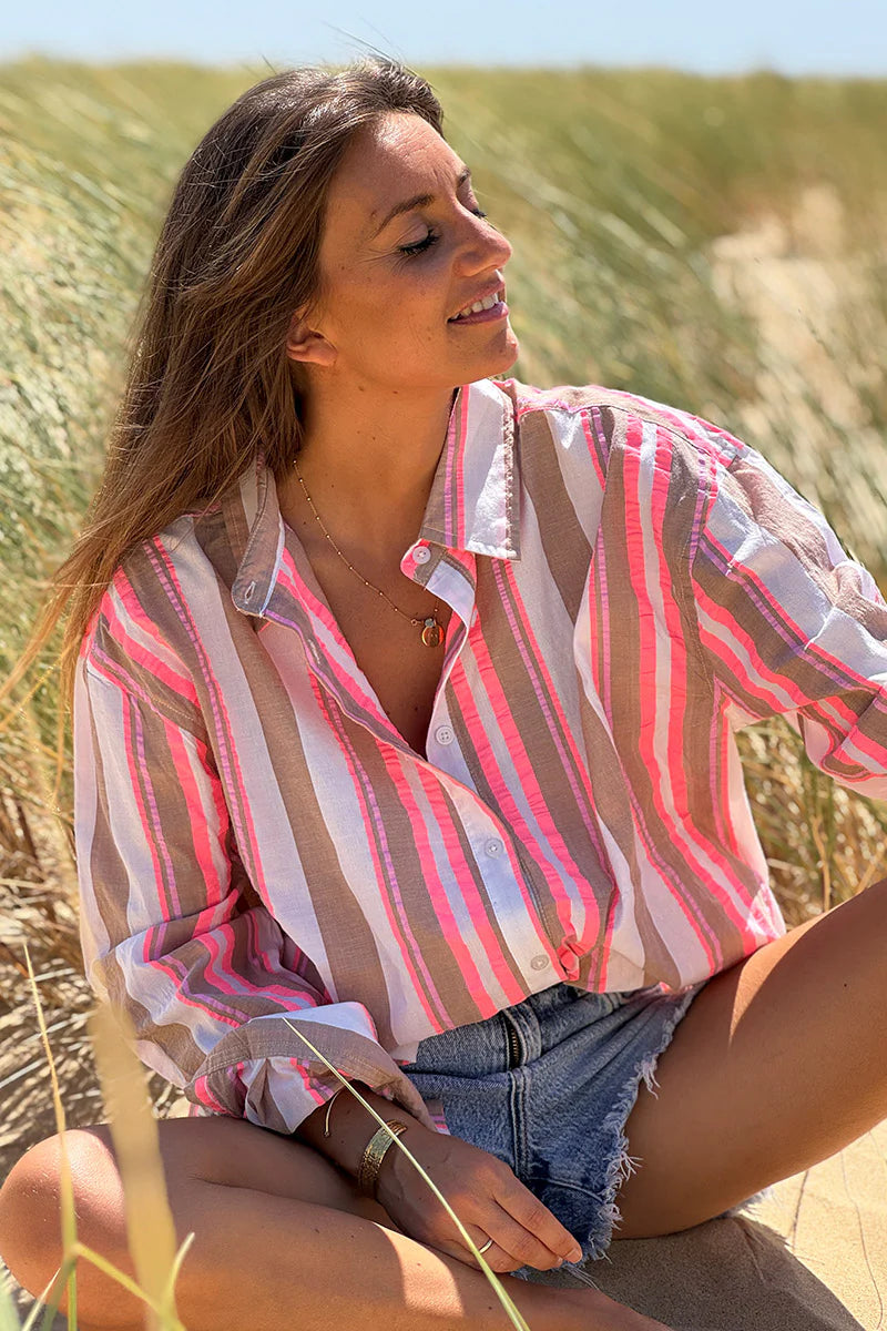 Taupe Neapolitan Stripe Button-Down Blouse