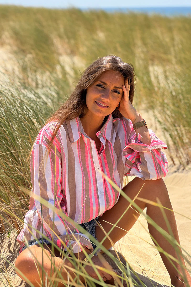 Taupe Neapolitan Stripe Button-Down Blouse