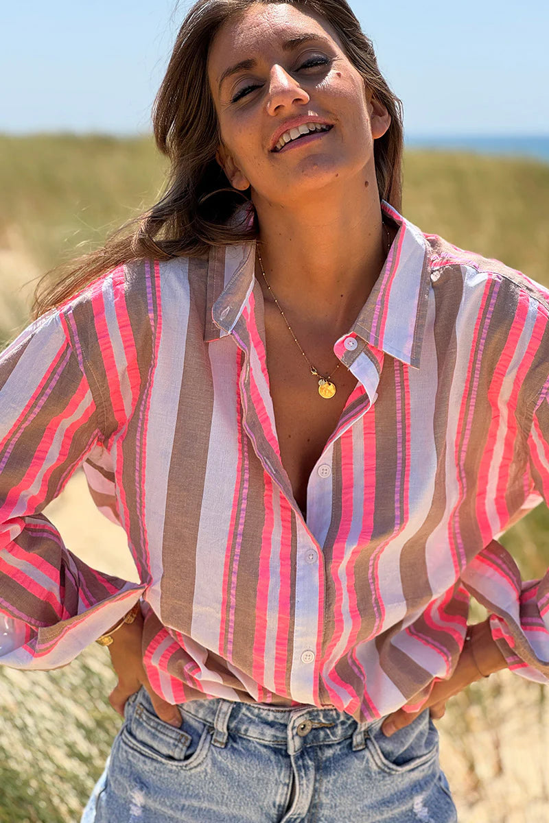 Taupe Neapolitan Stripe Button-Down Blouse