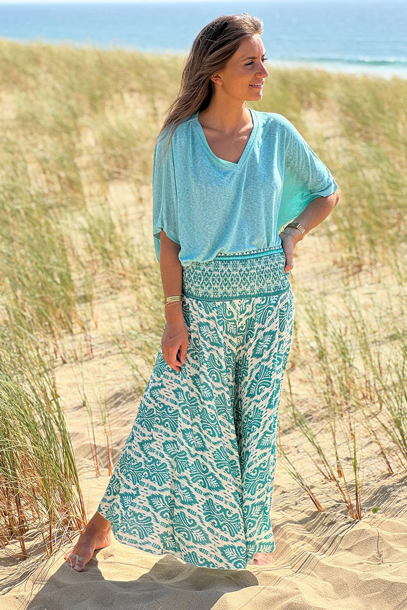 Turquoise Batik Scroll Wide-Leg Pants