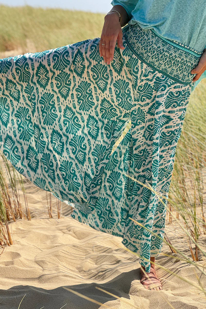 Turquoise Batik Scroll Wide-Leg Pants