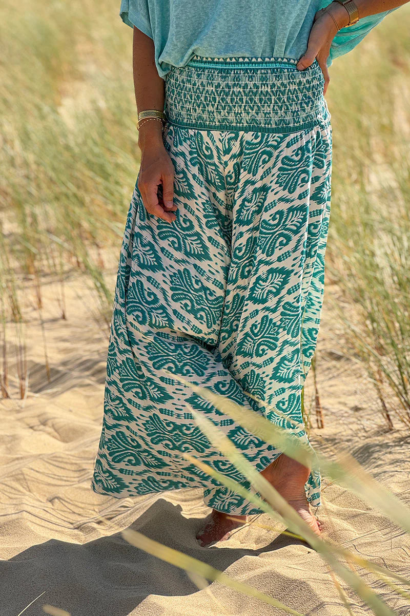 Turquoise Batik Scroll Wide-Leg Pants
