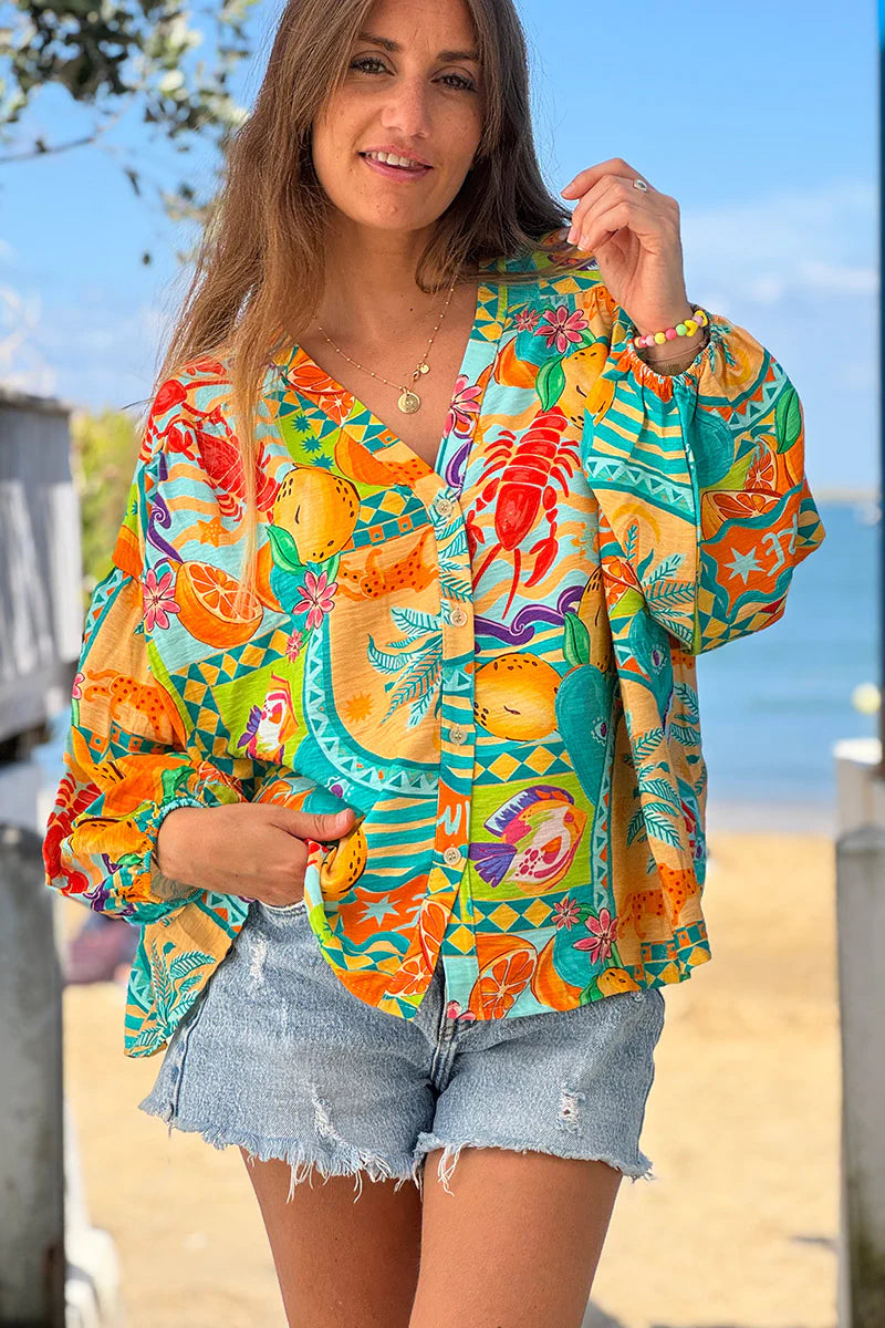 Turquoise Citrus Splash Tropical Print Blouse