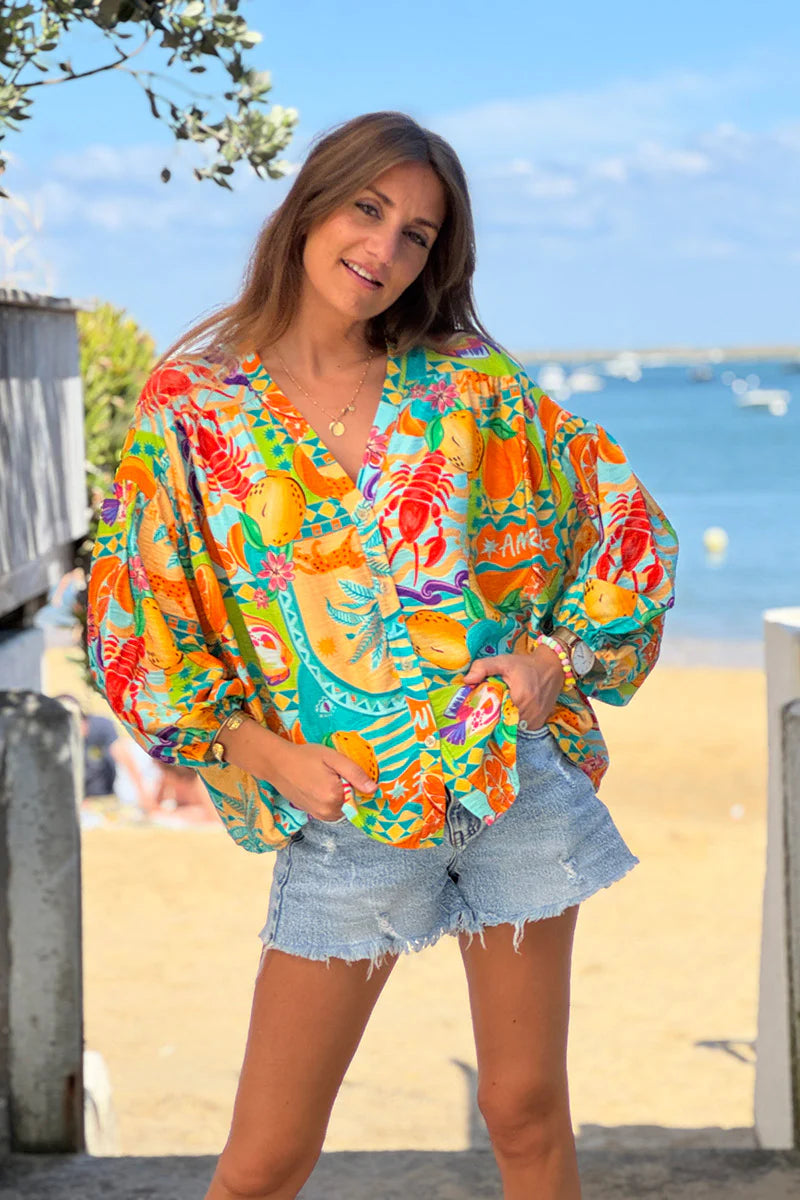 Turquoise Citrus Splash Tropical Print Blouse