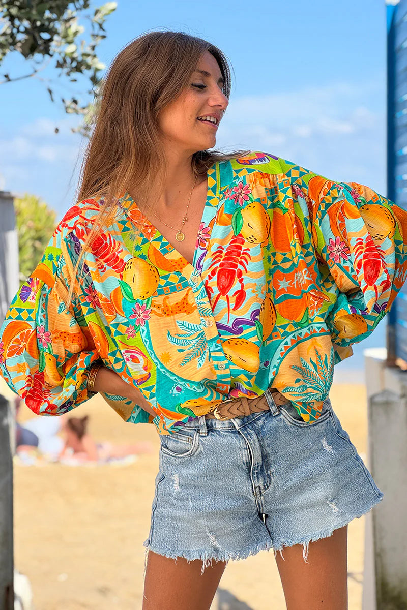 Turquoise Citrus Splash Tropical Print Blouse