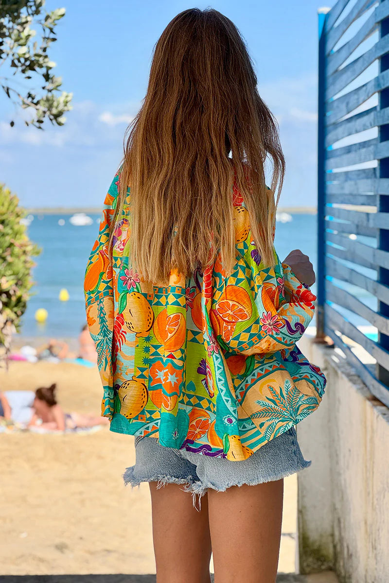 Turquoise Citrus Splash Tropical Print Blouse