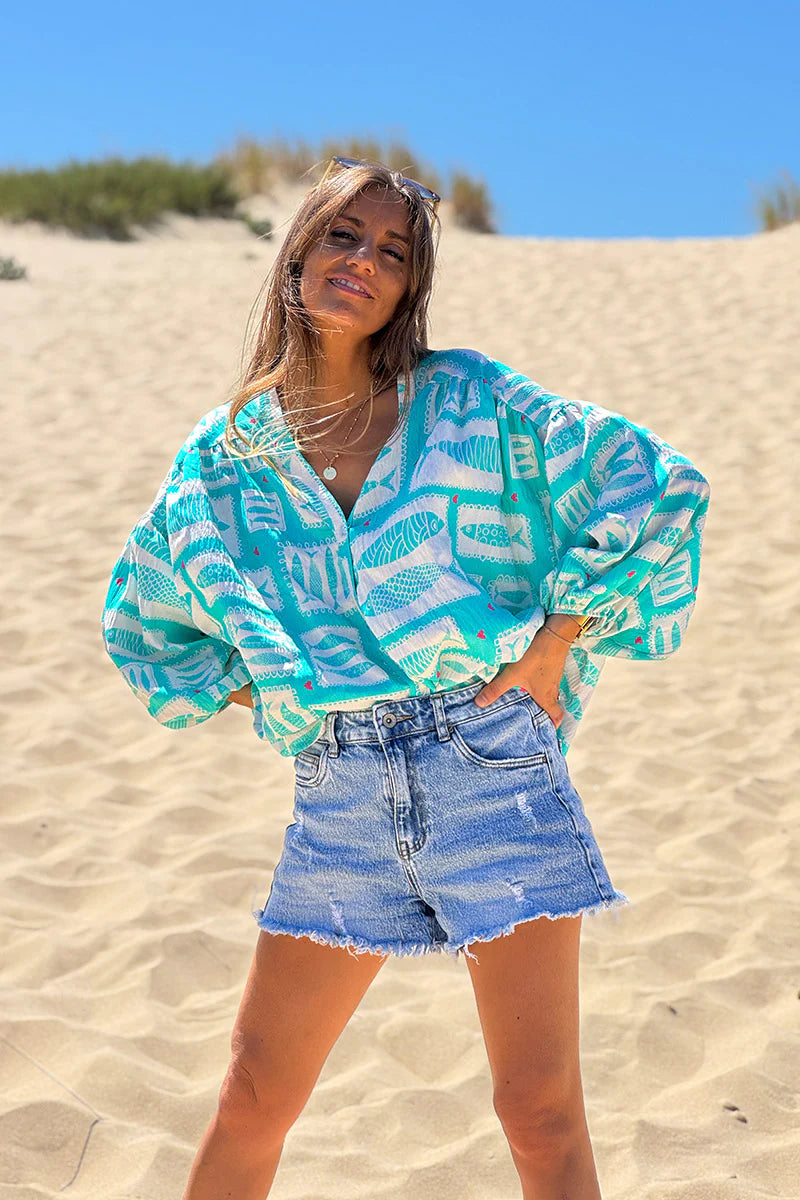 Turquoise Fish Traditional Print Button-Down Blouse