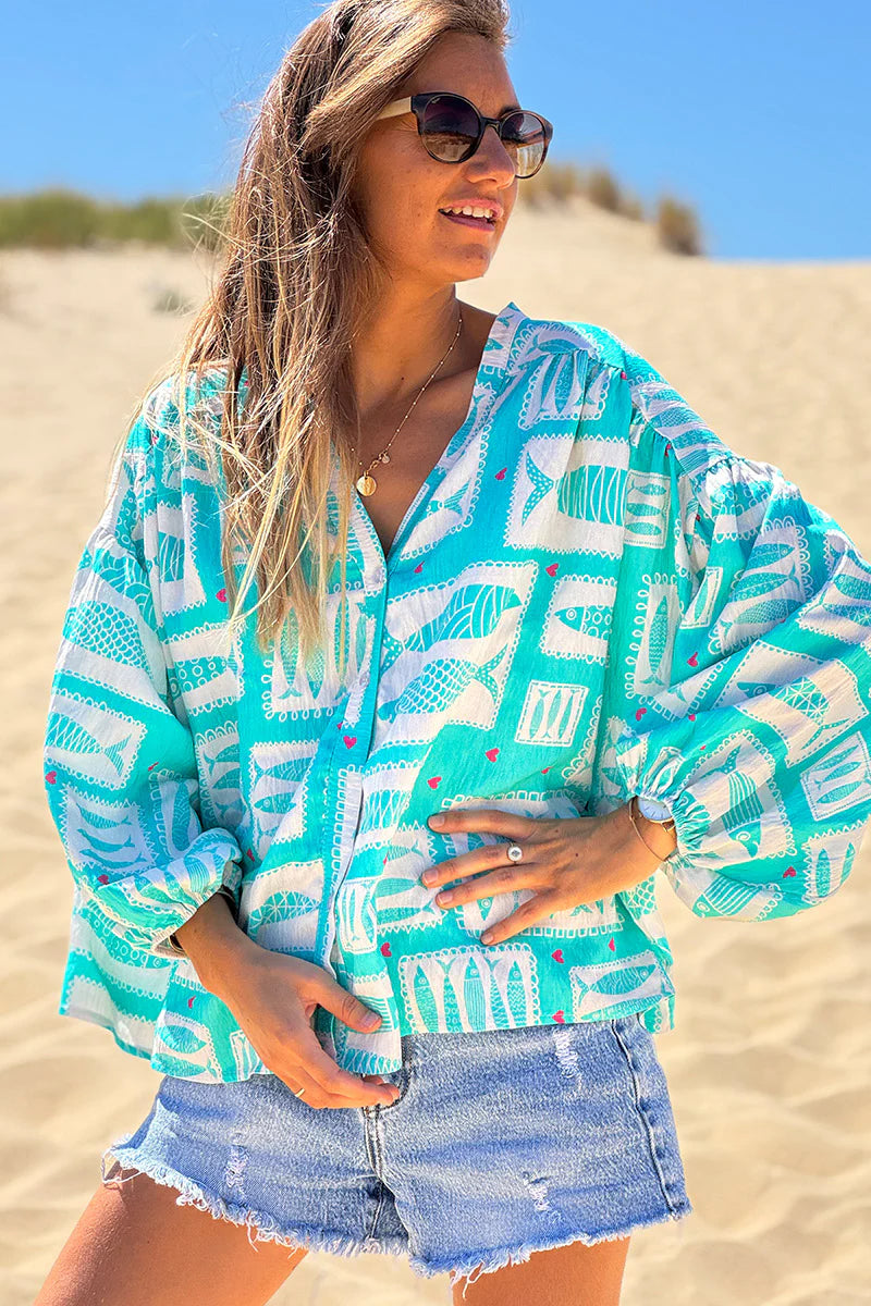 Turquoise Fish Traditional Print Button-Down Blouse