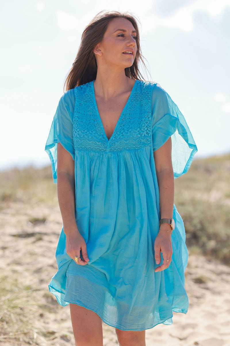 Turquoise Floaty Cotton Dress with Lace Top