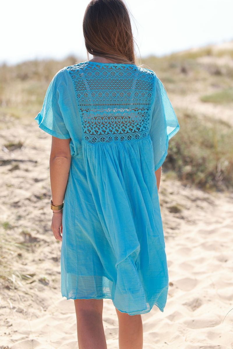 Turquoise Floaty Cotton Dress with Lace Top