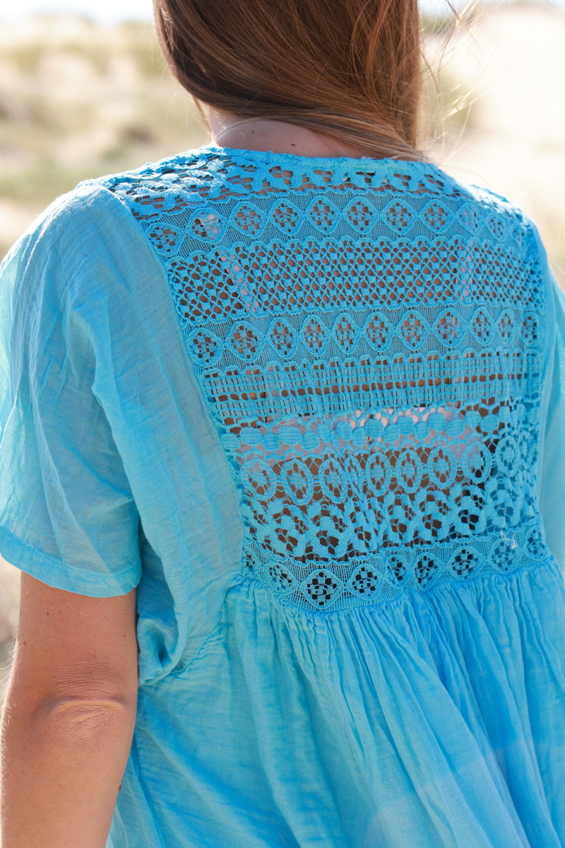 Turquoise Floaty Cotton Dress with Lace Top
