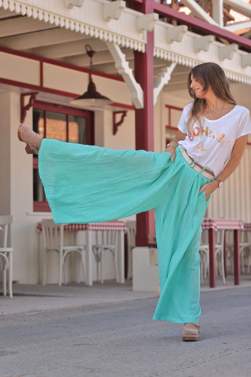 Turquoise Gauze Belted Ultra Wide-Leg Pants