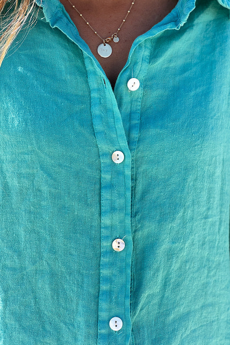 Turquoise Roll-Cuff Button-Down Blouse