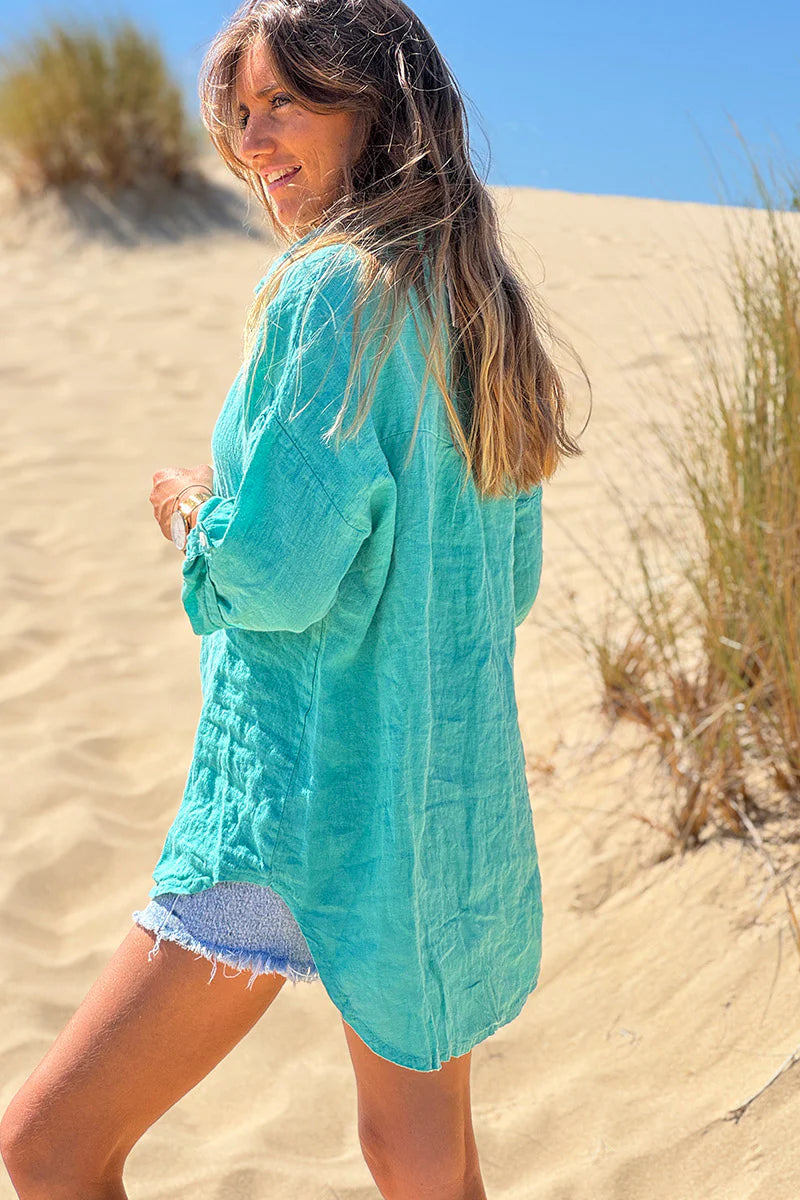 Turquoise Roll-Cuff Button-Down Blouse