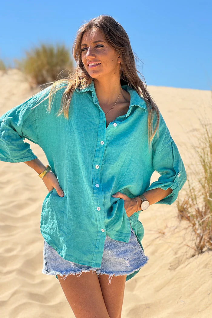 Turquoise Roll-Cuff Button-Down Blouse