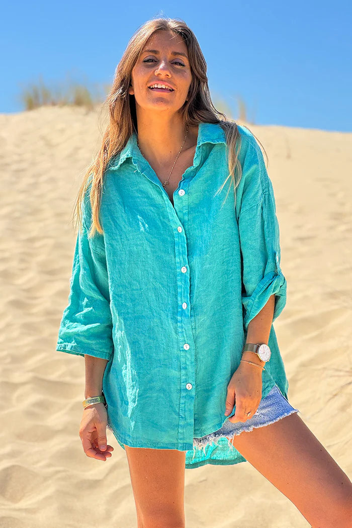 Turquoise Roll-Cuff Button-Down Blouse