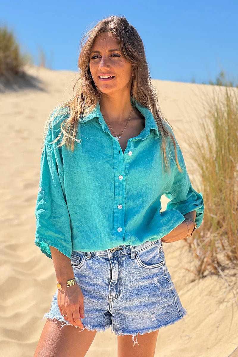 Turquoise Roll-Cuff Button-Down Blouse