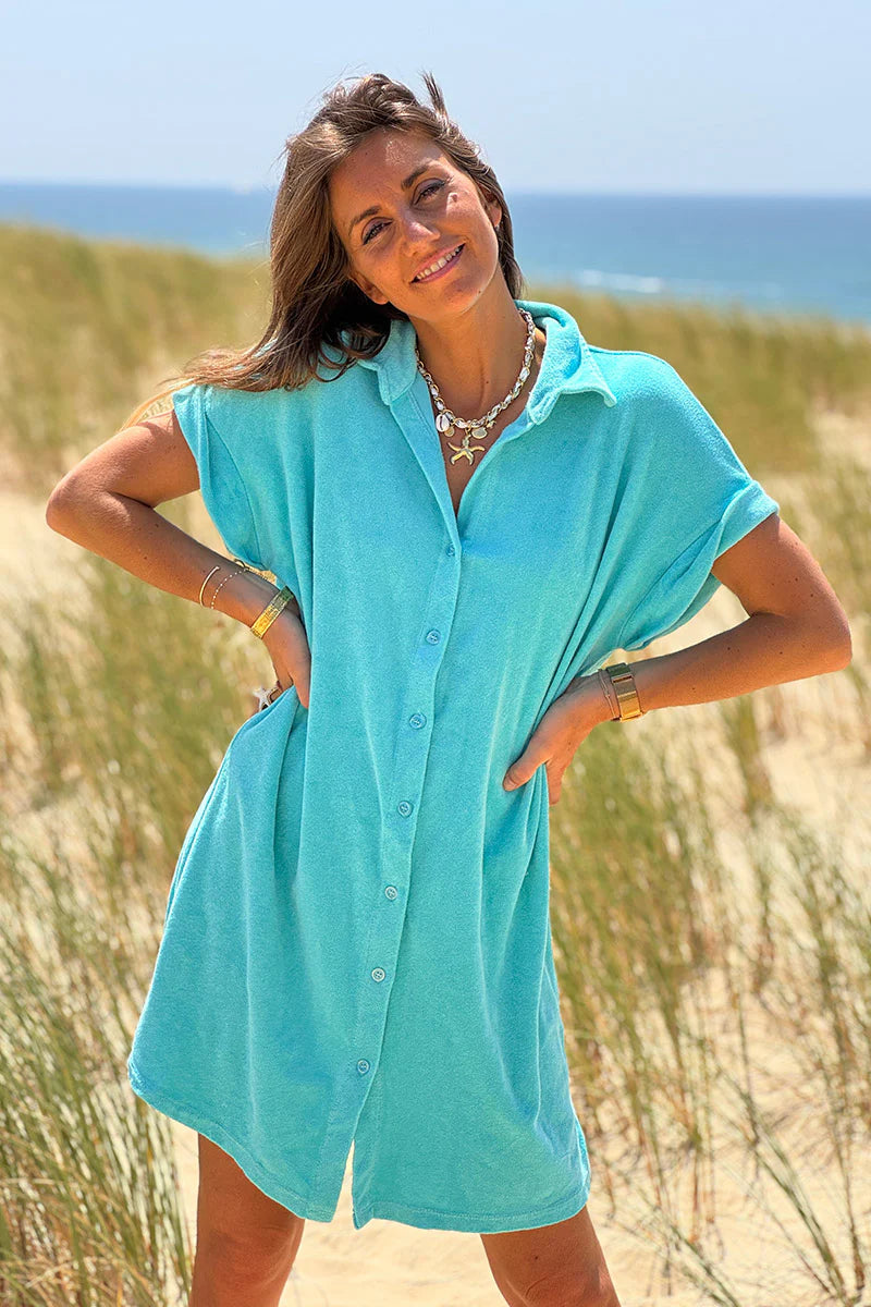 Turquoise Terry Cloth Button-Down Shirt Dress