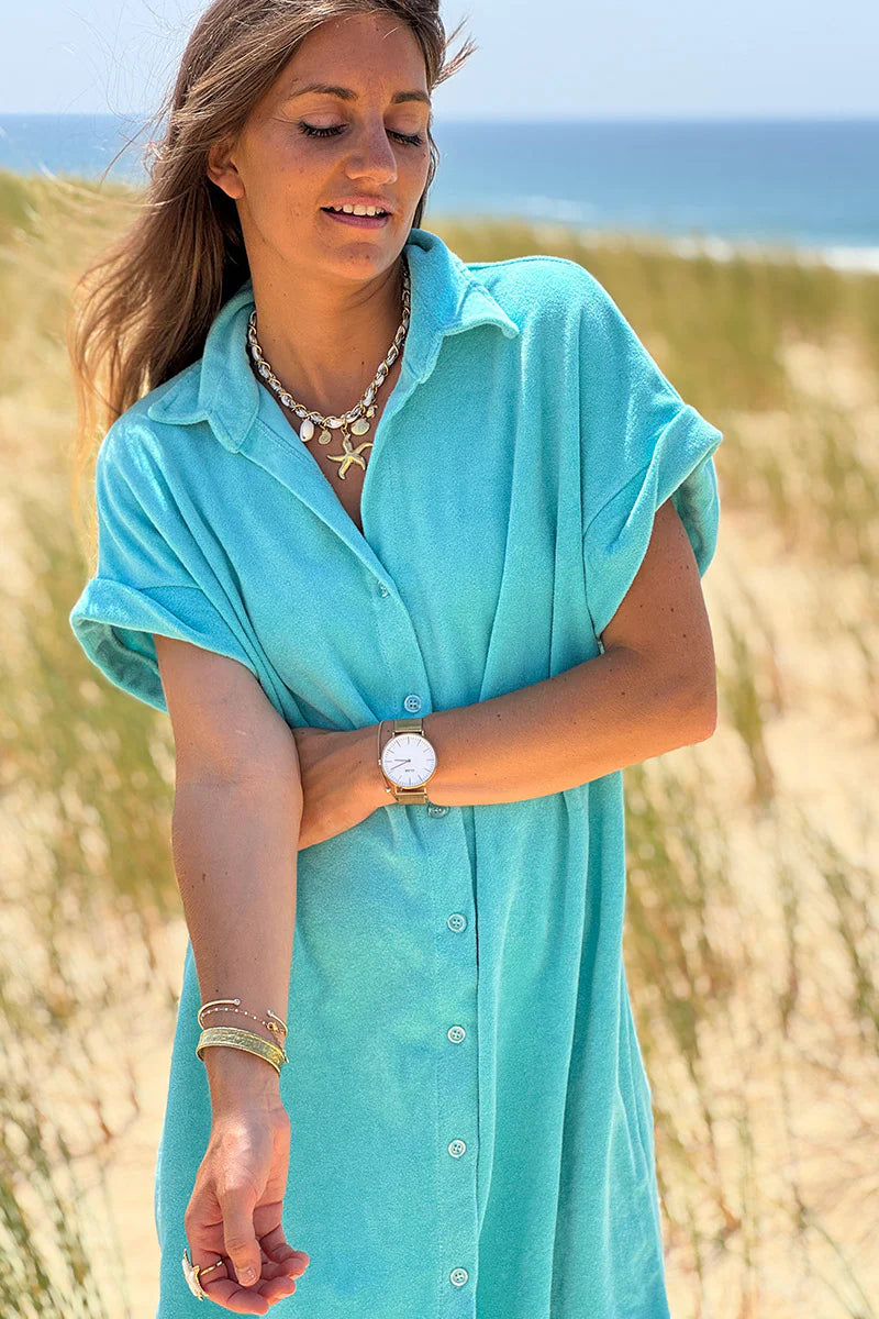 Turquoise Terry Cloth Button-Down Shirt Dress