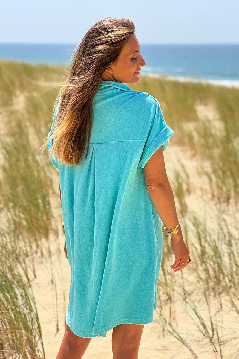 Turquoise Terry Cloth Button-Down Shirt Dress