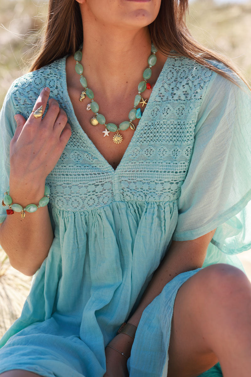 Water Green Floaty Cotton Dress with Lace Top