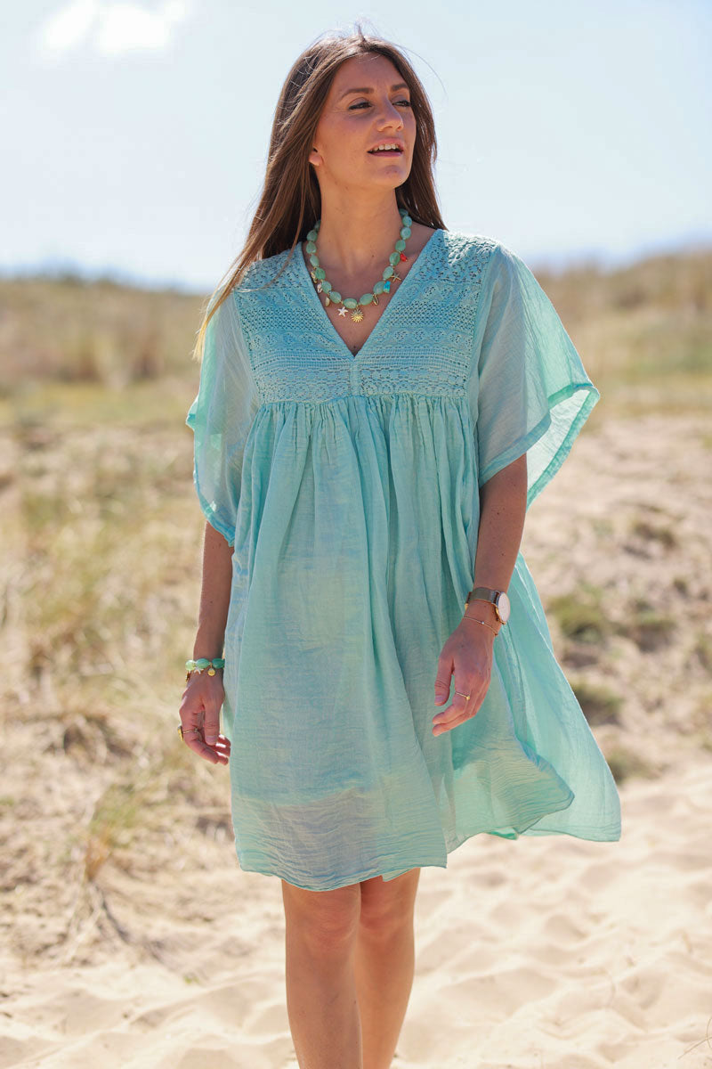 Water Green Floaty Cotton Dress with Lace Top