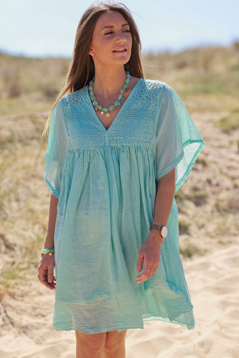 Water Green Floaty Cotton Dress with Lace Top