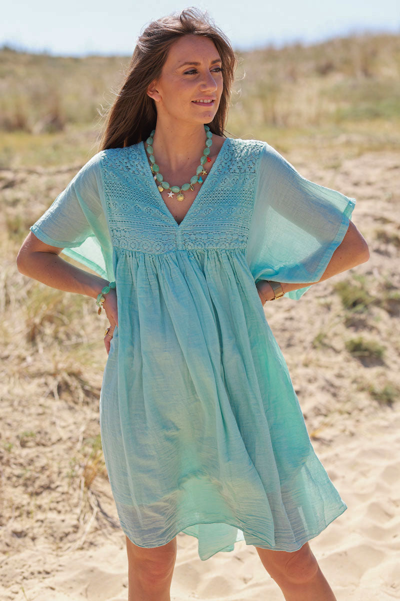 Water Green Floaty Cotton Dress with Lace Top