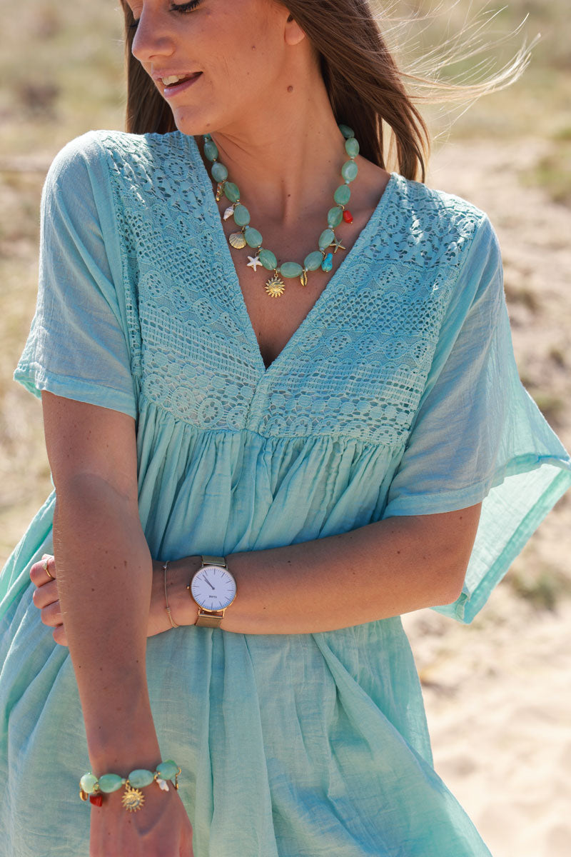 Water Green Floaty Cotton Dress with Lace Top