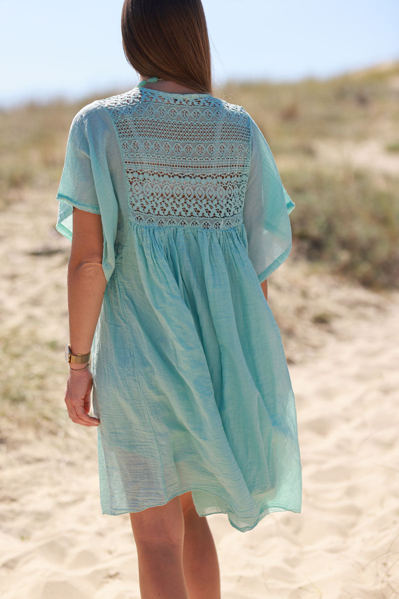 Water Green Floaty Cotton Dress with Lace Top