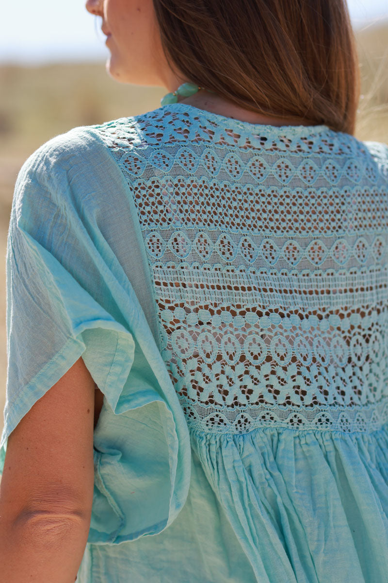 Water Green Floaty Cotton Dress with Lace Top