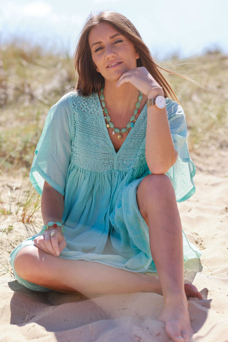 Water Green Floaty Cotton Dress with Lace Top