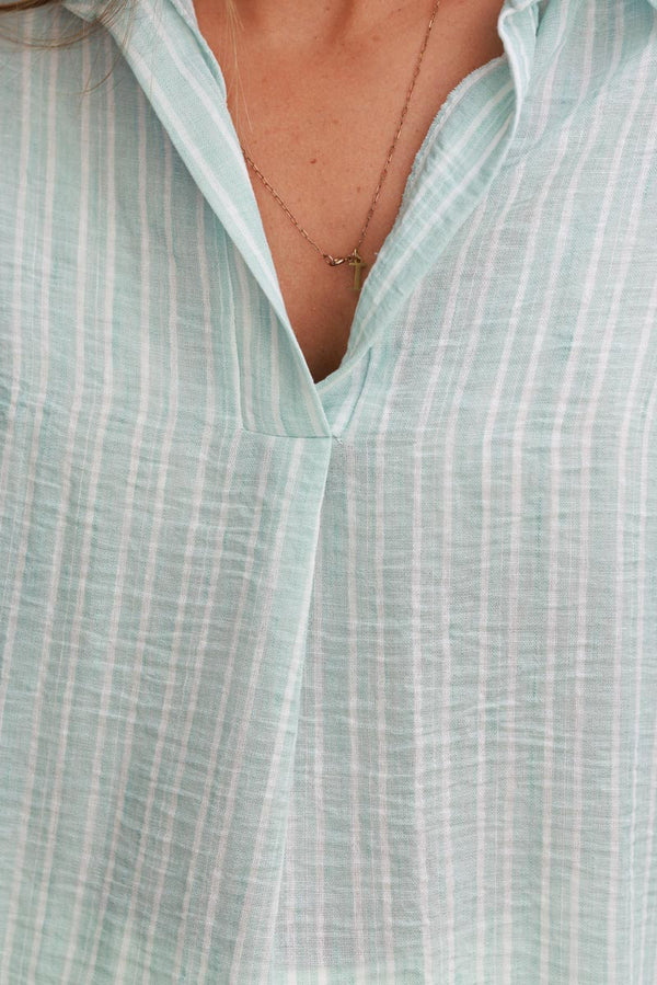 Water Green Pinstripe Woven Split Neck Tunic