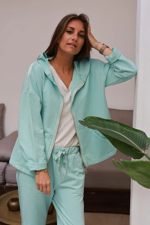 Water green Satin Stripe Stretch Knit Zip Hoodie