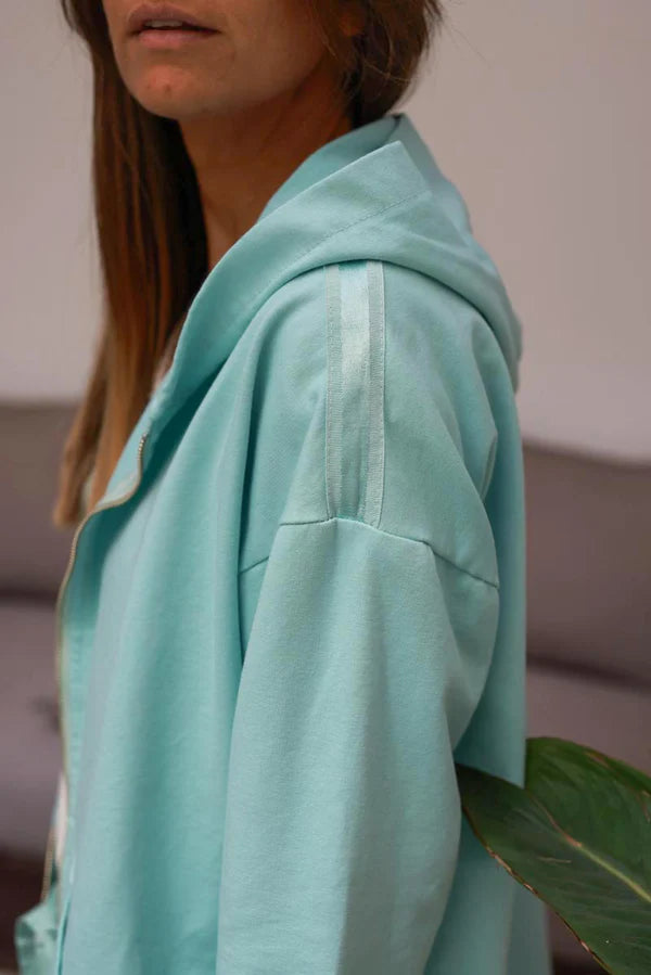 Water green Satin Stripe Stretch Knit Zip Hoodie