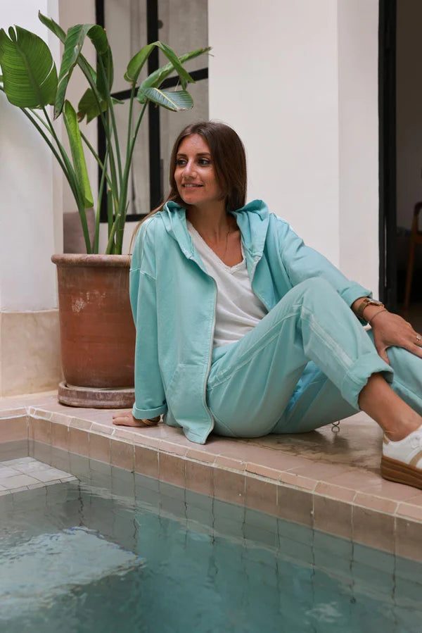 Water green Satin Stripe Stretch Knit Zip Hoodie