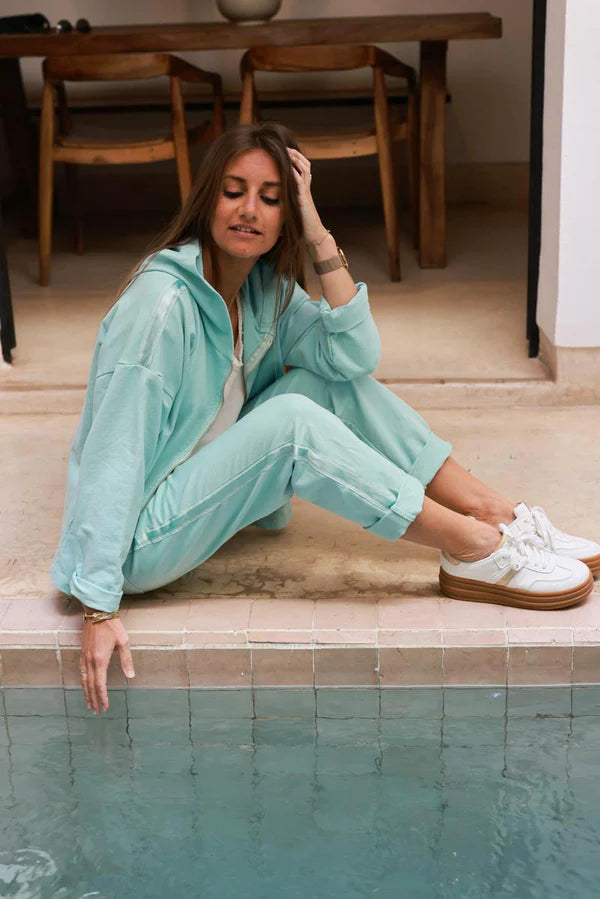 Water green Satin Trim Ponte Knit Pull-On Pants