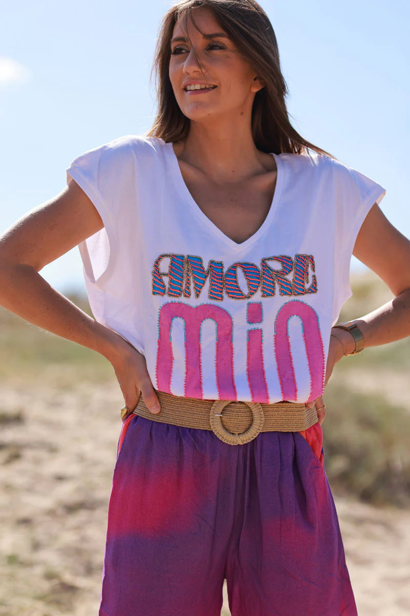 White “Amore Mio” Slouchy V-Neck Tee