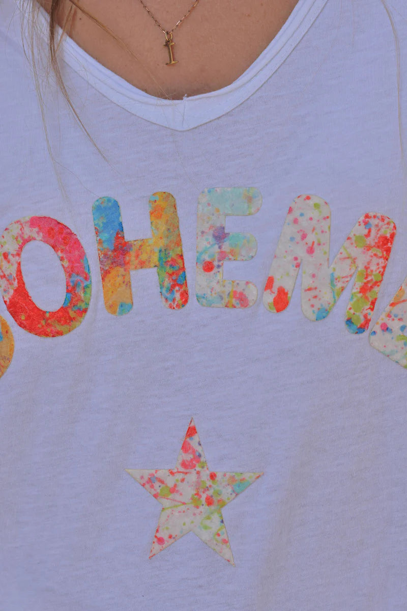 White Boho Heart Stretch V-Neck Tee