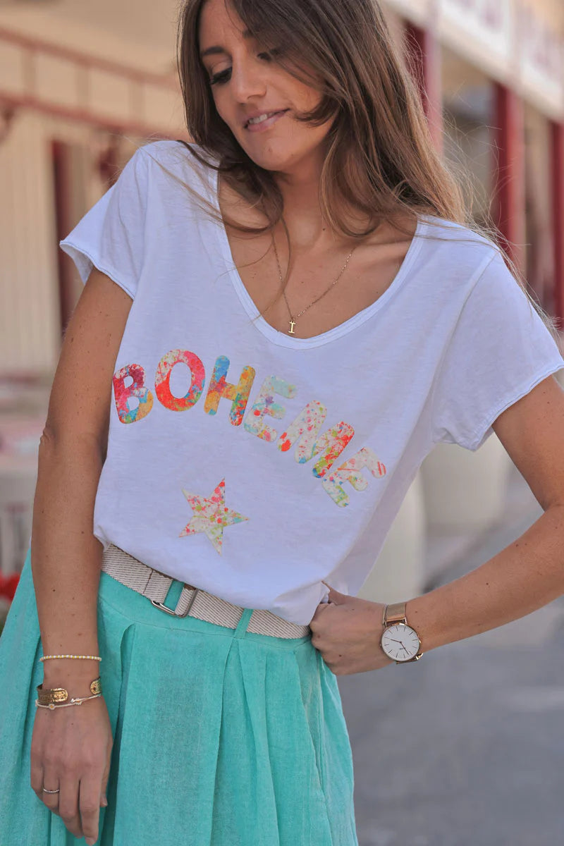 White Boho Heart Stretch V-Neck Tee