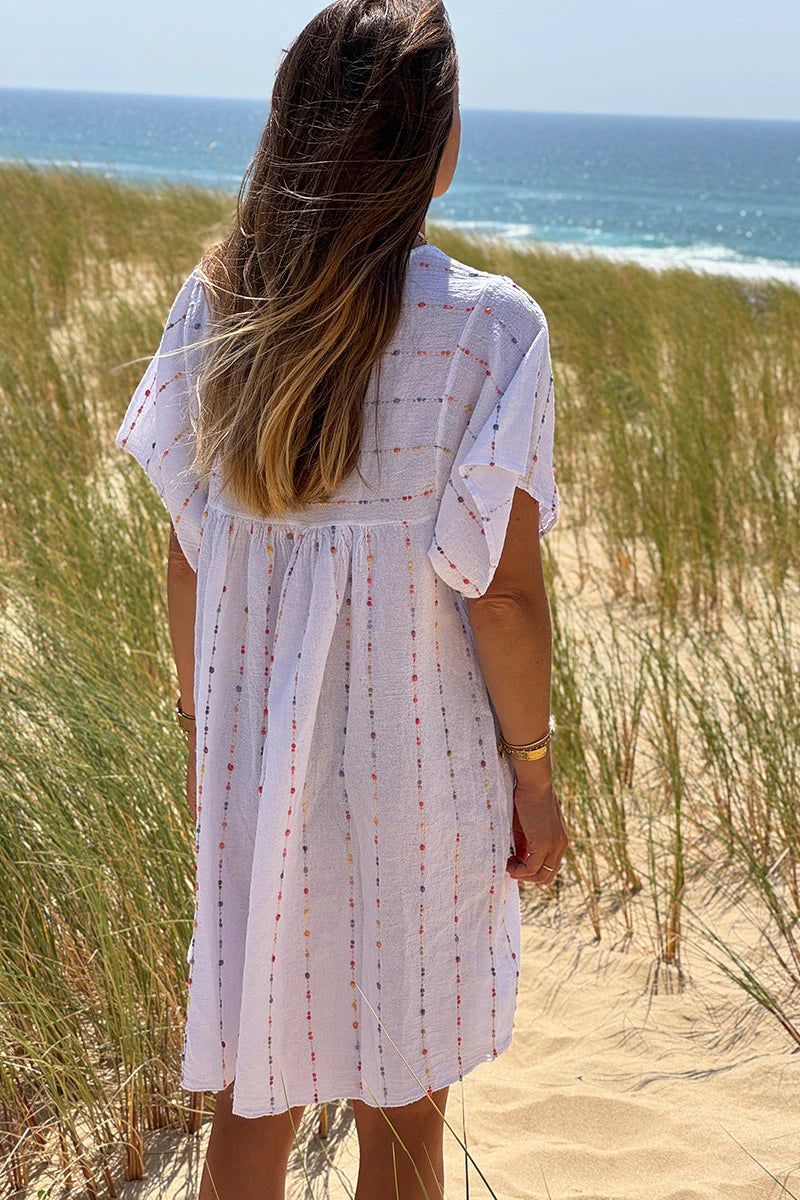 White Boucle Stripe Gauze Dress