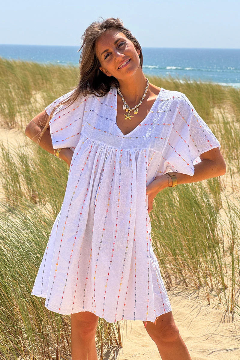 White Boucle Stripe Gauze Dress