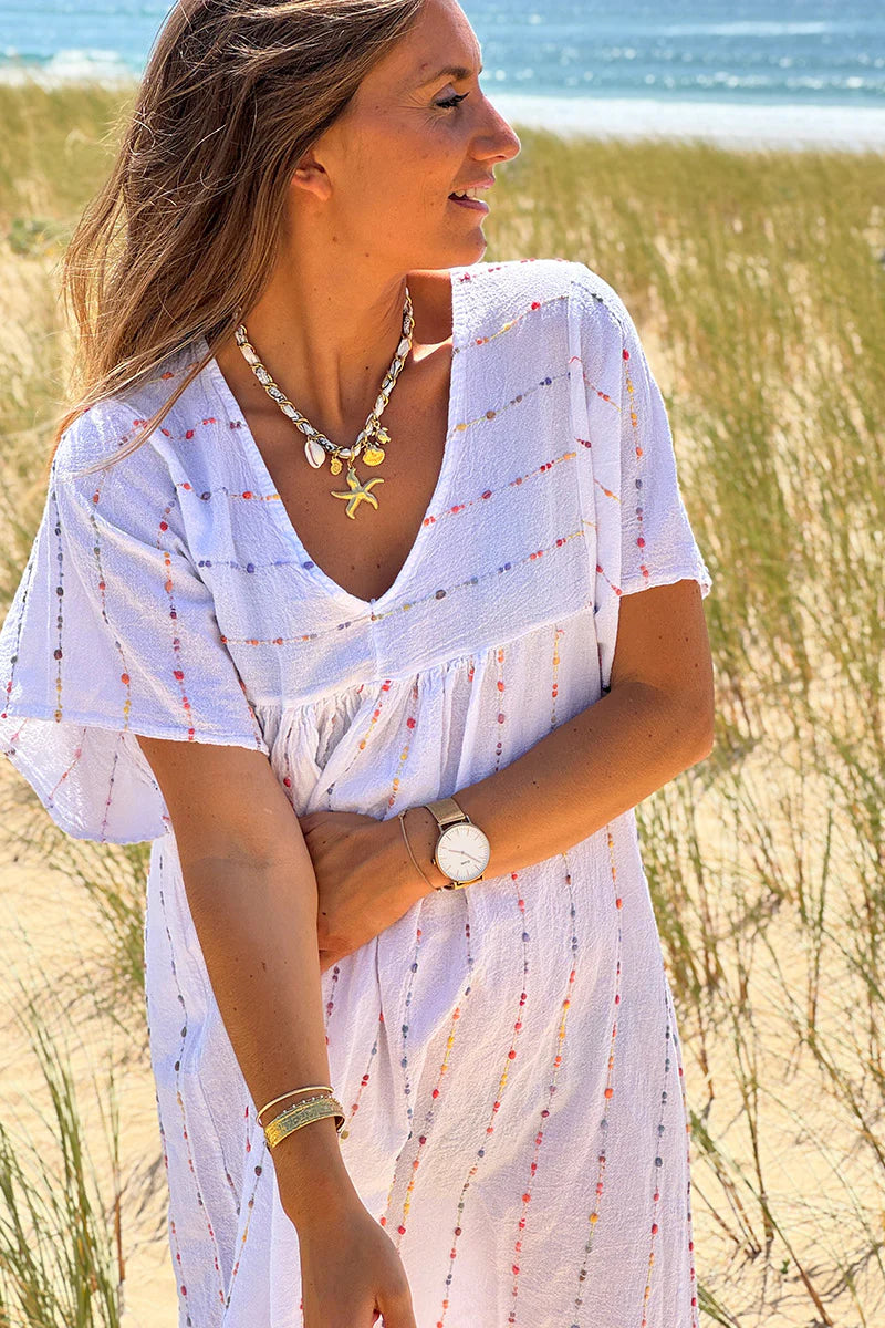 White Boucle Stripe Gauze Dress