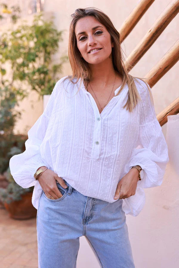 White Cotton Swiss Dot Embroidered Blouse