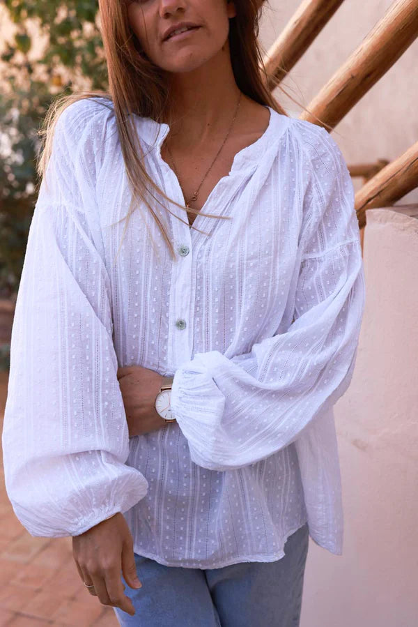 White Cotton Swiss Dot Embroidered Blouse