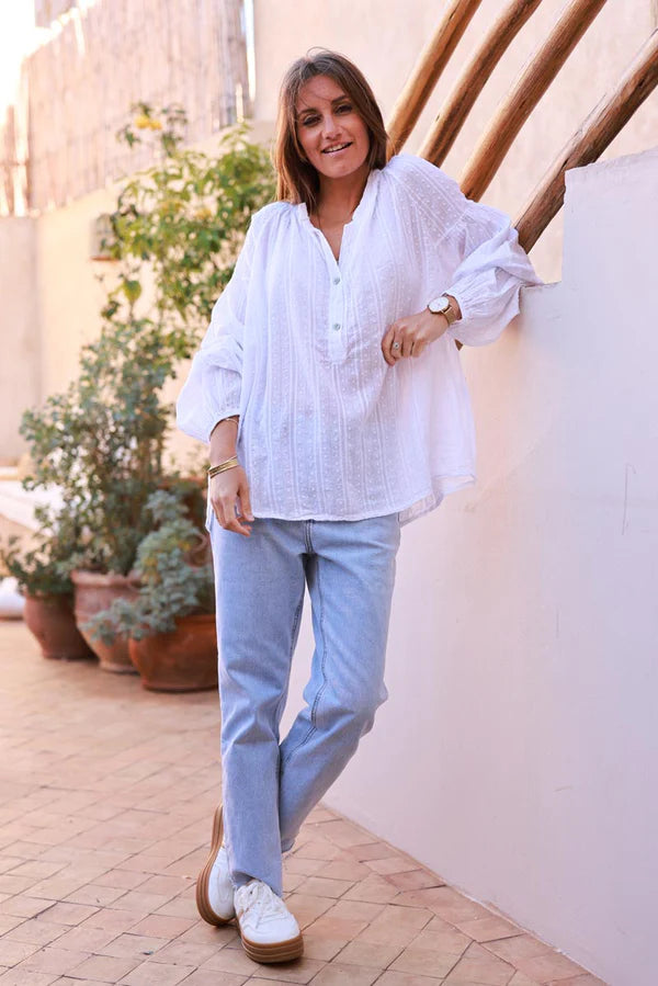 White Cotton Swiss Dot Embroidered Blouse