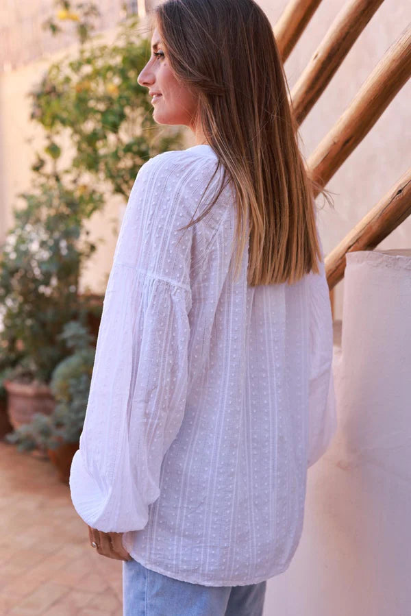 White Cotton Swiss Dot Embroidered Blouse