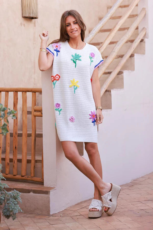 White Crochet Floral Garden Cap-Sleeve Dress