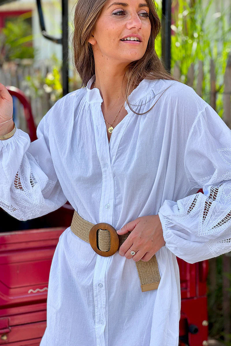White Crochet Sleeve Button-Down Tunic Dress