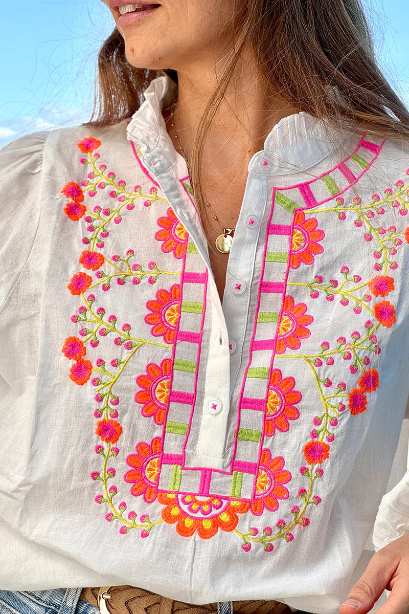 White Embroidered Half Placket Boho Blouse